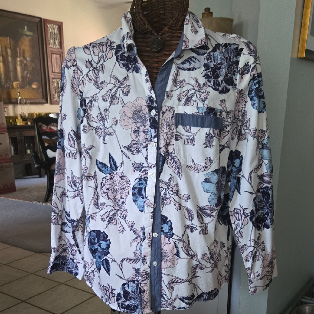 Chico's Blue and Pink Lightweight Shirt Jacket with Floral Design